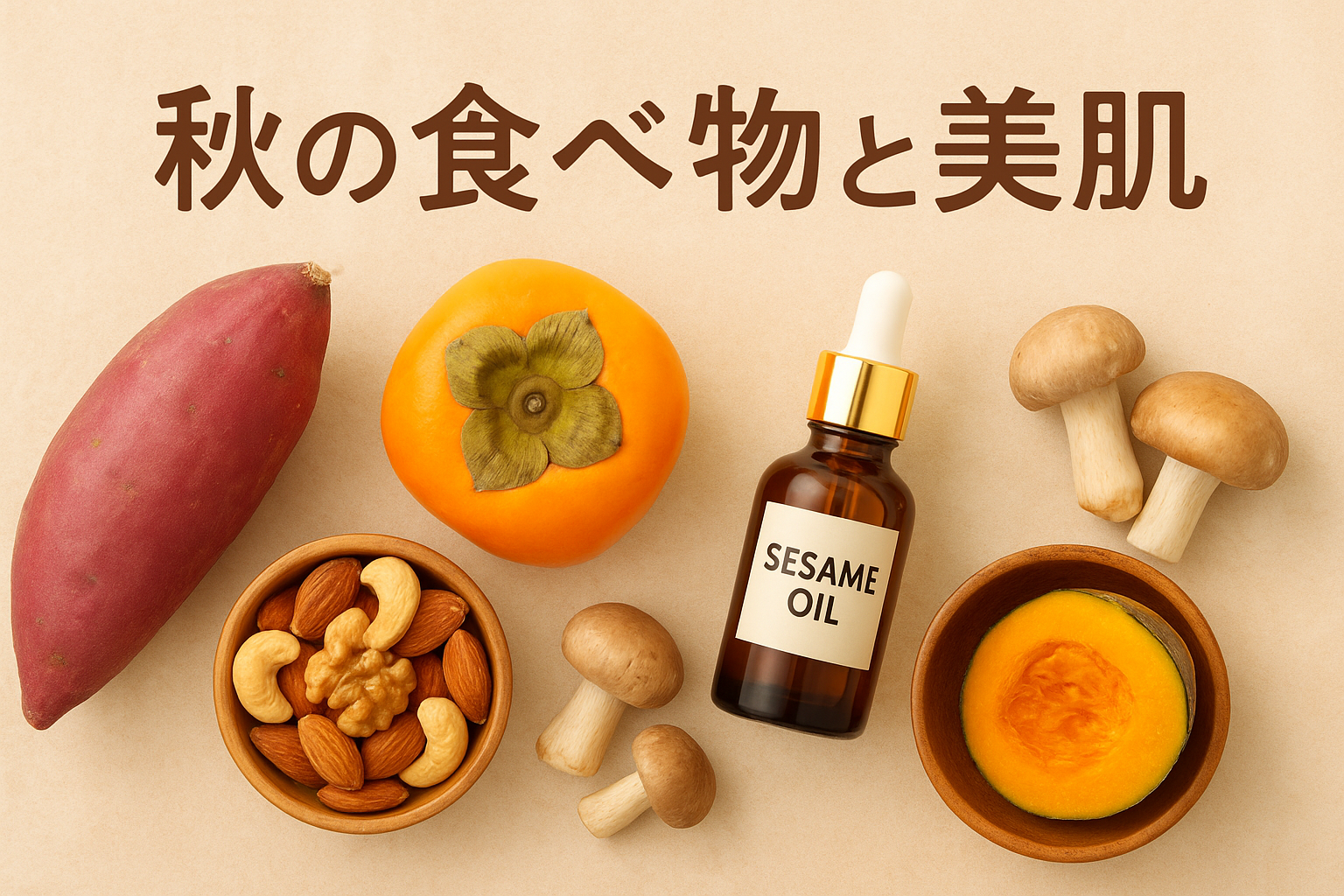 秋の食べ物とセサミオイルの画像と「秋の食べ物と美肌」のテキスト」