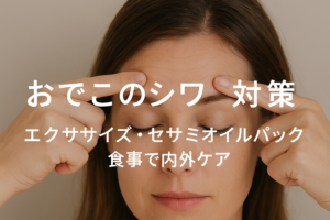 おでこのシワをケアする女性画像と「おでこのシワ対策」のテキスト