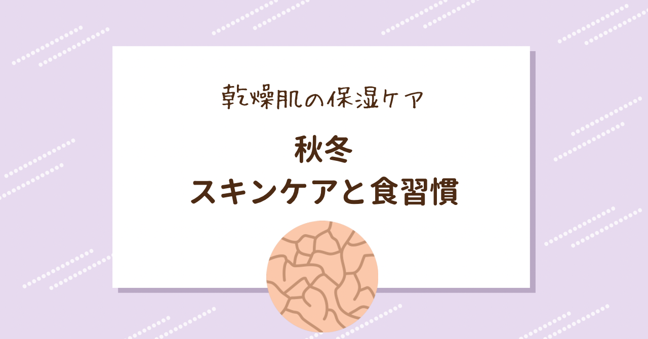 乾燥した肌のイラストと「乾燥肌の保湿ケア　秋冬　スキンケアと食習慣」のテキスト