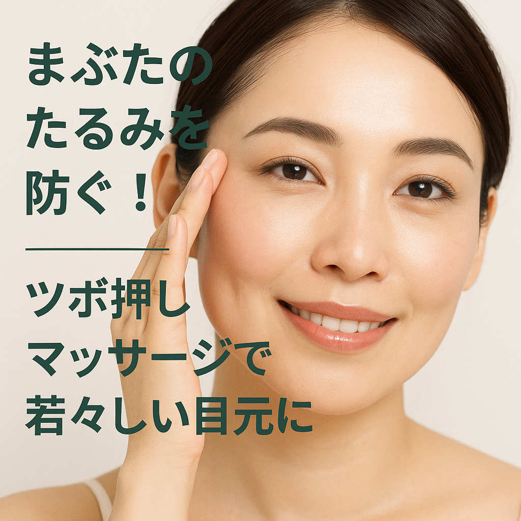 目元美人な女性と「瞼のたるみを防ぐ！ツボ押し、マッサージで若々しい目元に」のテキスト