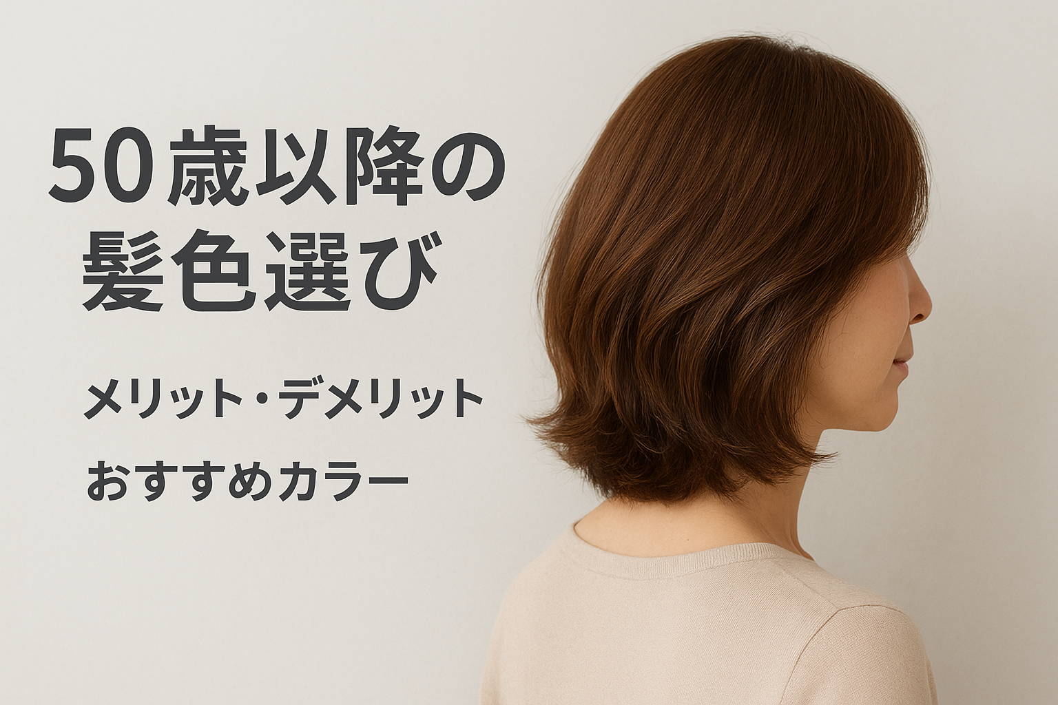 髪を見せる女性の後ろ姿と「50歳以降の髪色選び」のテキスト