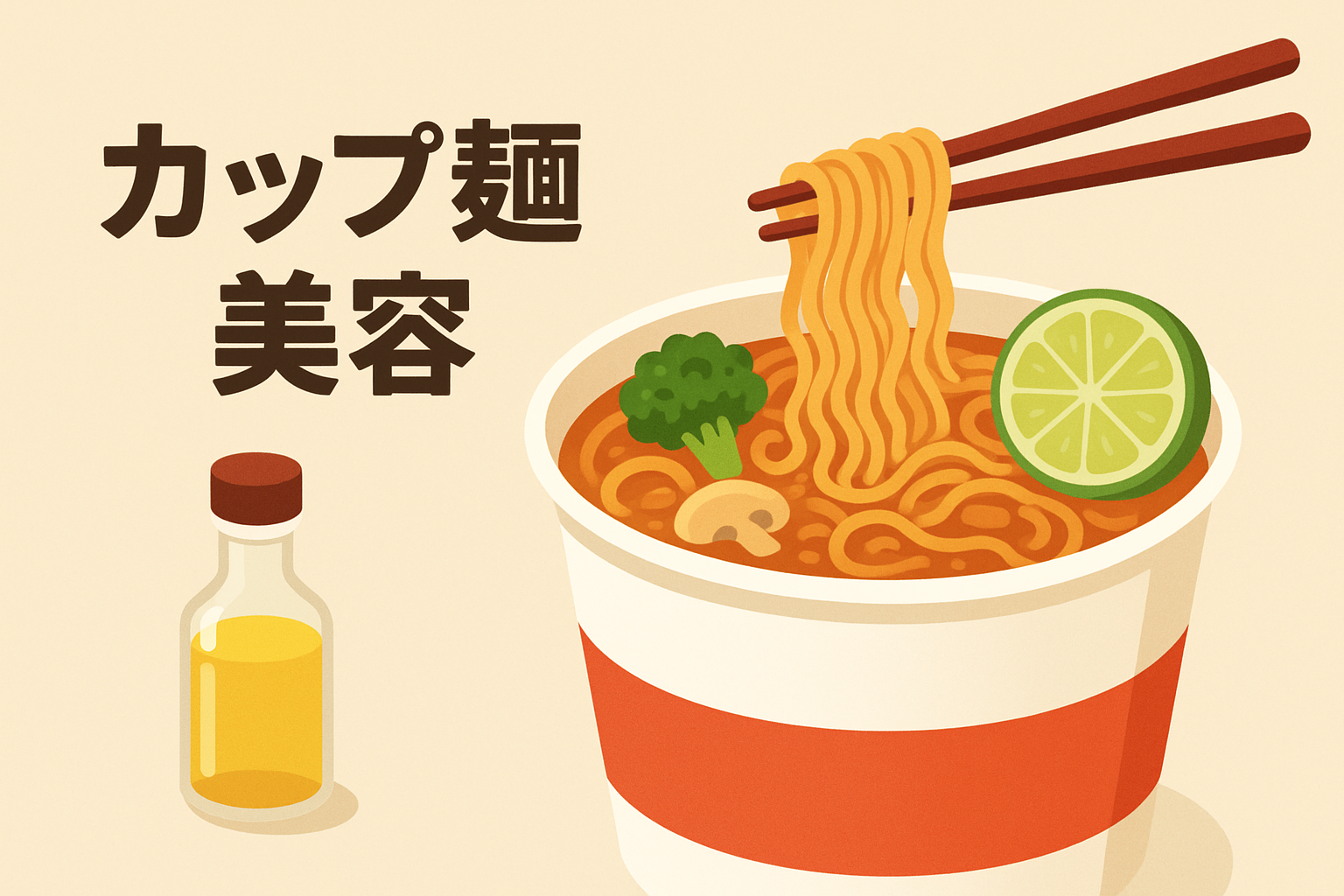 「カップ麺美容」テキストと、カップ麺のそばにお酢が置いてあるイラスト